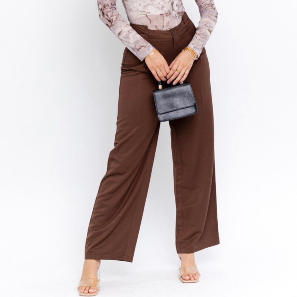 Le Lis Brown Pleated Wide Leg Long Pants, Large